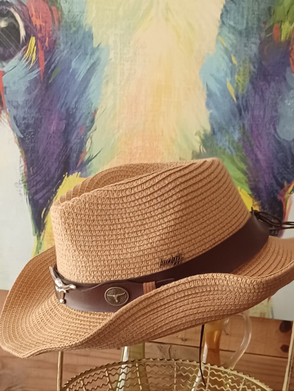 Straw Fedora Hat with Brown Leather Band - Unbranded
